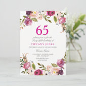 Invitation Vibrant rose botanique floral 65e anniversaire Inv (Debout devant)