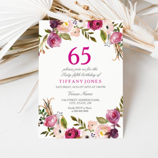 Invitation Vibrant rose botanique floral 65e anniversaire Inv