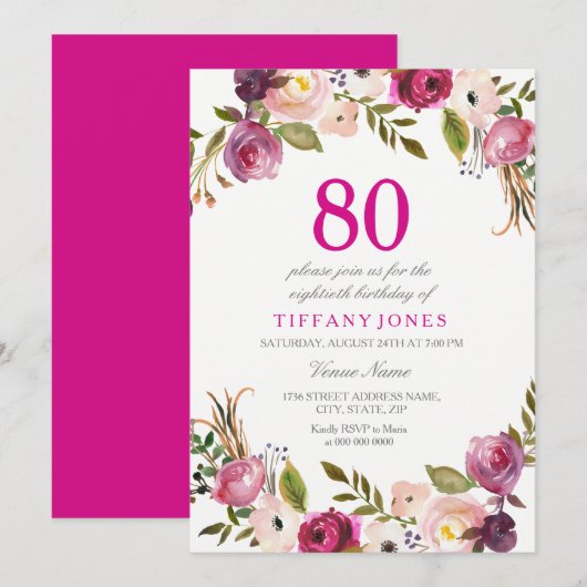 Invitation Vibrant rose botanique floral 80e anniversaire Inv (Devant / Derrière)
