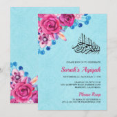 Invitation Vibrant rose floral bébé fille Aqiqah (Devant / Derrière)