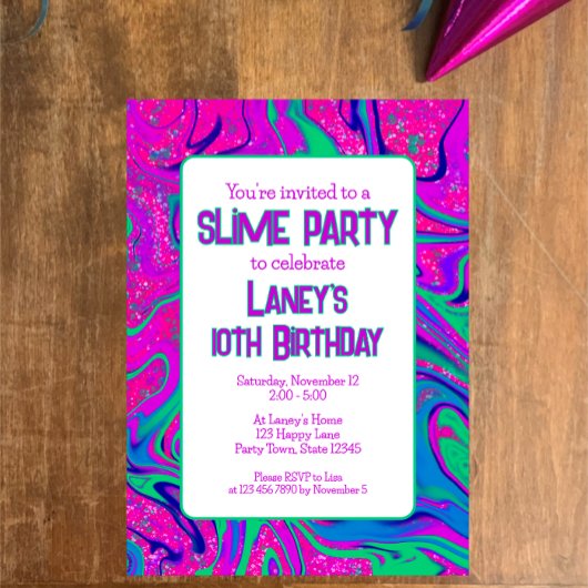 Invitation Vibrant rose Turquoise Super Anniversaire Slime Pa