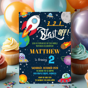 Invitation Vibrant Space Rocket Ship Planètes Anniversaire