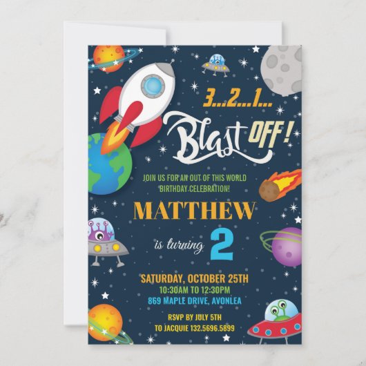 Invitation Vibrant Space Rocket Ship Planètes Anniversaire (Devant)
