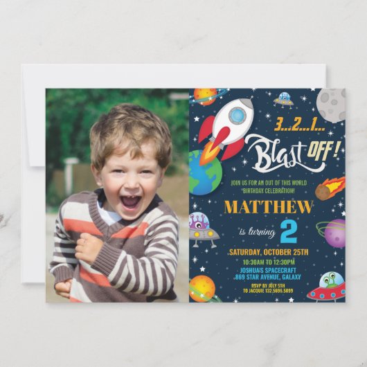 Invitation Vibrant Space Rocket Ship Planètes Anniversaire Ph (Devant)