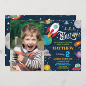 Invitation Vibrant Space Rocket Ship Planètes Anniversaire Ph (Devant / Derrière)