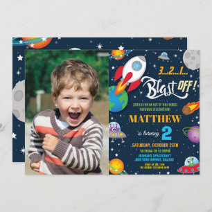 Invitation Vibrant Space Rocket Ship Planètes Photo Anniversa