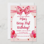 Invitation Vibrant Strawberry Coquette Bow Berry 1st Birthday (Devant)