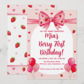 Invitation Vibrant Strawberry Coquette Bow Berry 1st Birthday (Devant / Derrière)