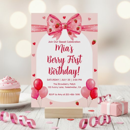 Invitation Vibrant Strawberry Coquette Bow Berry 1st Birthday