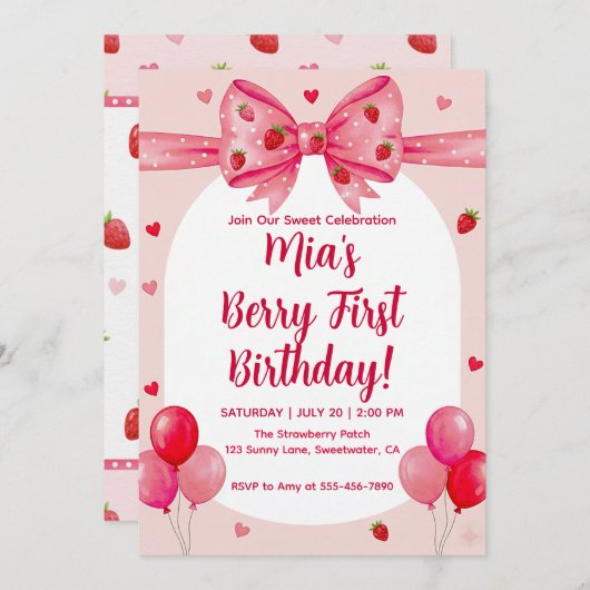 Invitation Vibrant Strawberry Coquette Bow Berry First Birthd (Devant / Derrière)