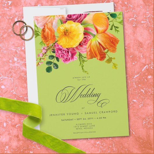 Invitation Vibrant Summer Floral Lime Orange Pink Wedding