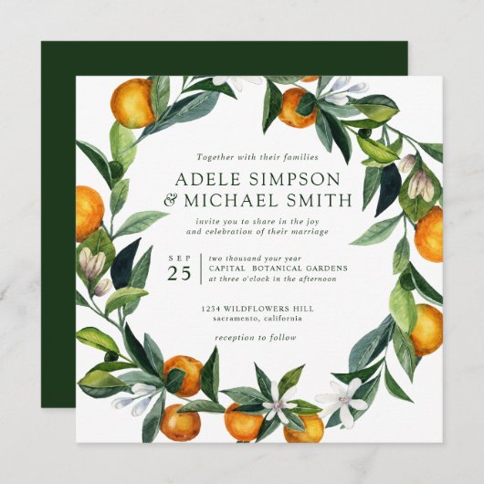 Invitation Vibrant Tangerine | Tout en un   Mariage botanique (Devant / Derrière)