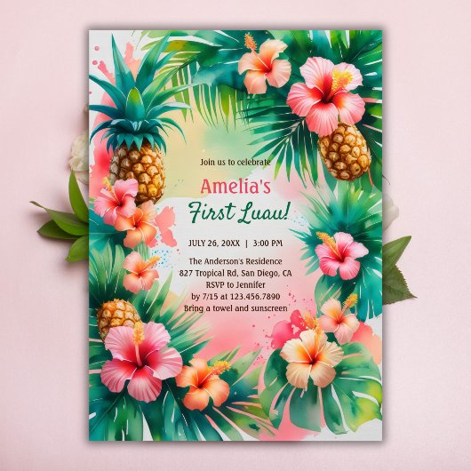 Invitation Vibrant Tropical Hawaiian First Luau 1er anniversa