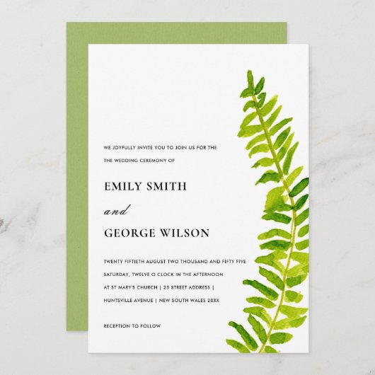 INVITATION VIBRANT VERT WATERCOLOR FERN FOLIAGE MARIAGE (Devant / Derrière)