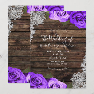 Invitation Vibrant violet Floral Rose Mariage dentelle en boi
