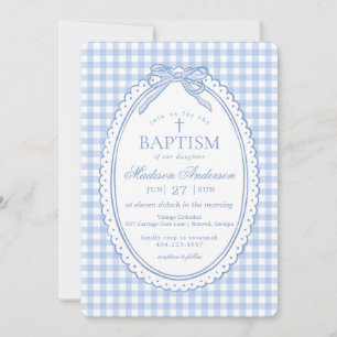 Invitation Vichy Bleu Coquette Baptême Nœud