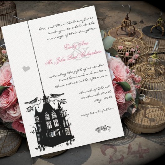 Invitation Victorian Bird Cage Rose & Black Wedding Invitatio