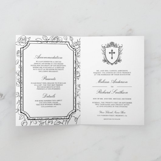 Invitation Victorian Black and White Catholic QR Code Wedding (Intérieur)
