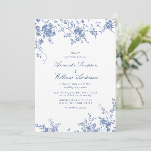 Invitation Victorian Blue French Garden Code QR Mariage (Debout devant)
