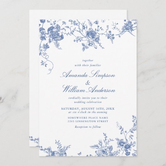 Invitation Victorian Blue French Garden Code QR Mariage (Devant / Derrière)