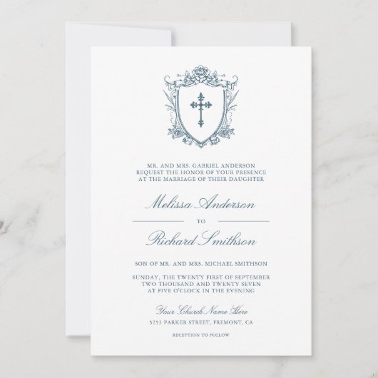 Invitation Victorian Dusty Bleu catholique QR Code Mariage (Devant)