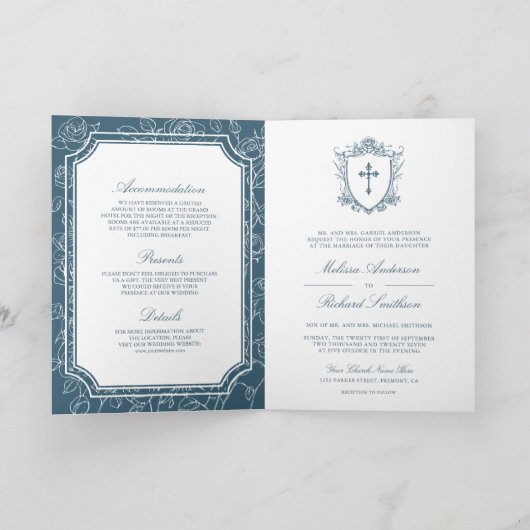 Invitation Victorian Dusty Blue Catholic QR Code Wedding (Intérieur)