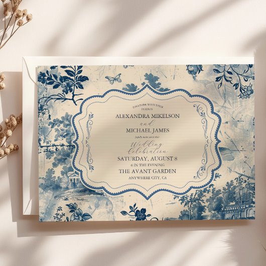 Invitation Victorian Dusty Blue French Toile Mariage