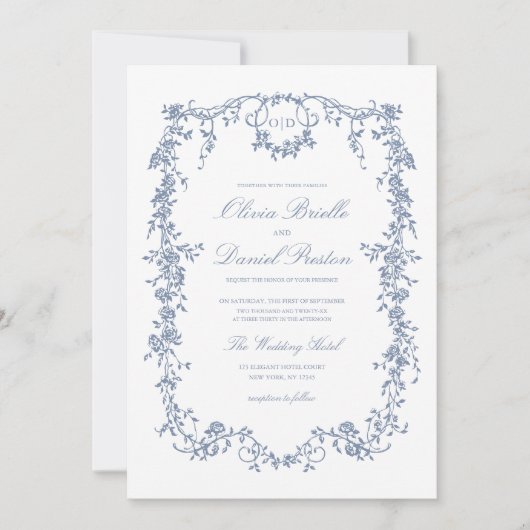 Invitation Victorian Dusty Blue QR Code Floral Mariage (Devant)