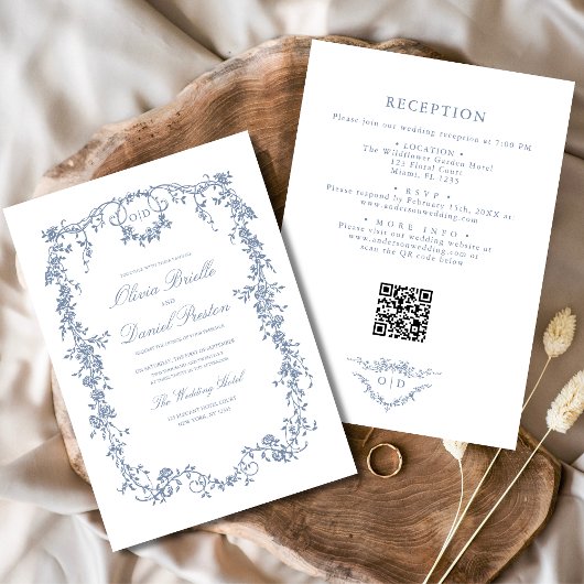 Invitation Victorian Dusty Blue QR Code Floral Mariage