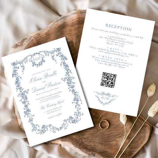 Invitation Victorian Dusty Blue QR Code Floral Mariage