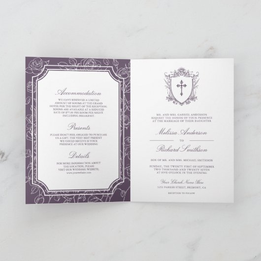 Invitation Victorian Dusty Purple Catholic QR Code Wedding (Intérieur)