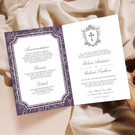 Invitation Victorian Dusty Purple Catholic QR Code Wedding