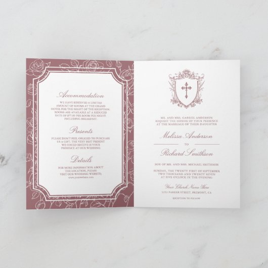 Invitation Victorian Dusty Rose Catholic QR Code Wedding (Intérieur)