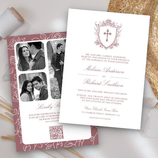 Invitation Victorian Dusty Rose catholique QR Code Mariage