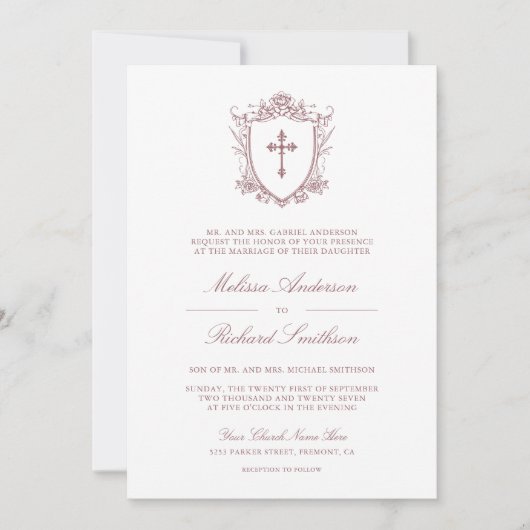 Invitation Victorian Dusty Rose catholique QR Code Mariage (Devant)