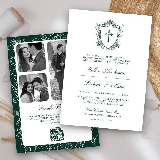 Invitation Victorian Emerald Green catholique QR Code Mariage