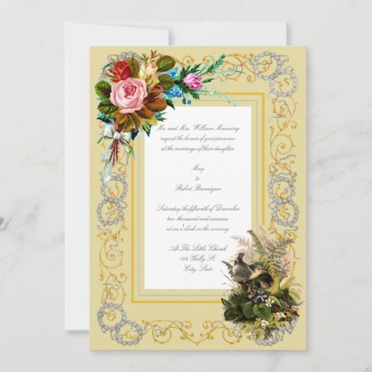 Invitation Victorian Era Nesting Birds & Bouquets Mariage (Devant)