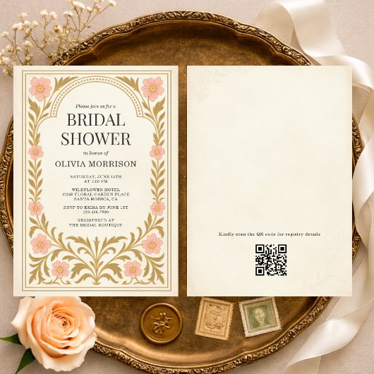 Invitation Victorian Floral Art Nouveau QR Code Bridal Shower