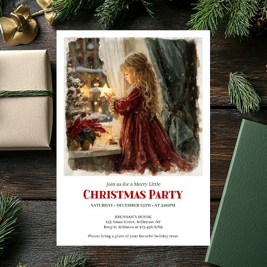 Invitation Victorian girl awaits Santa printable holiday