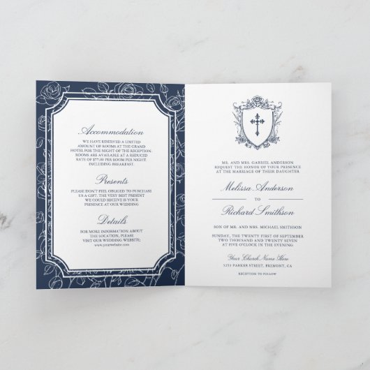 Invitation Victorian Navy Blue Catholic QR Code Wedding (Intérieur)