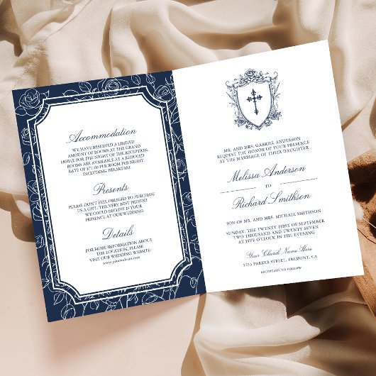 Invitation Victorian Navy Blue Catholic QR Code Wedding