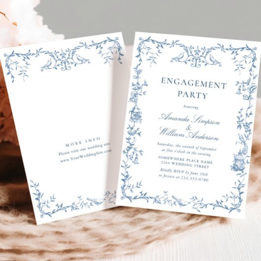 Invitation Victorian Ornate Blue Floral ENGAGEMENT PARTY