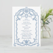 Invitation Victorian Ornate Floral Dusty Blue Code QR Mariage (Debout devant)