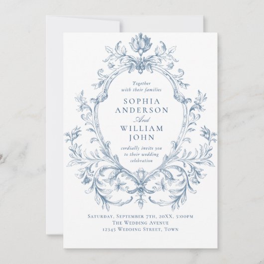Invitation Victorian Ornate Floral Dusty Blue Code QR Mariage (Devant)