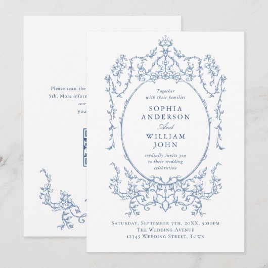 Invitation Victorian Ornate Floral Dusty Blue Code QR Mariage (Devant / Derrière)