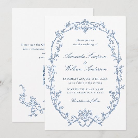 Invitation Victorian Ornate Floral Dusty Blue Code QR Mariage (Devant / Derrière)