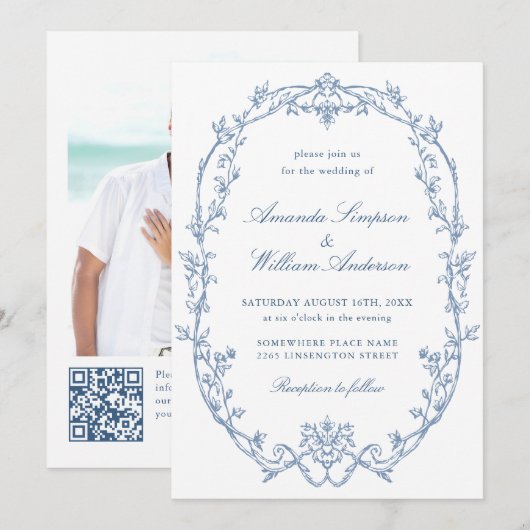 Invitation Victorian Ornate Floral Dusty Blue Code QR Mariage (Devant / Derrière)