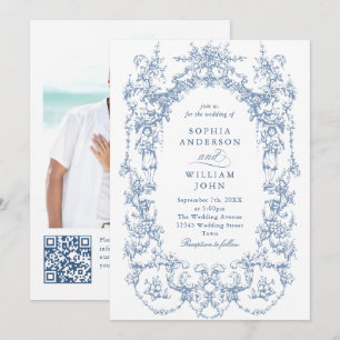 Invitation Victorian Ornate Floral Dusty Blue Code QR Mariage