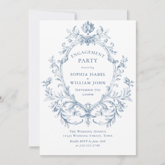 Invitation Victorian Ornate Grace Dusty Blue ENGAGEMENT PARTY (Devant)