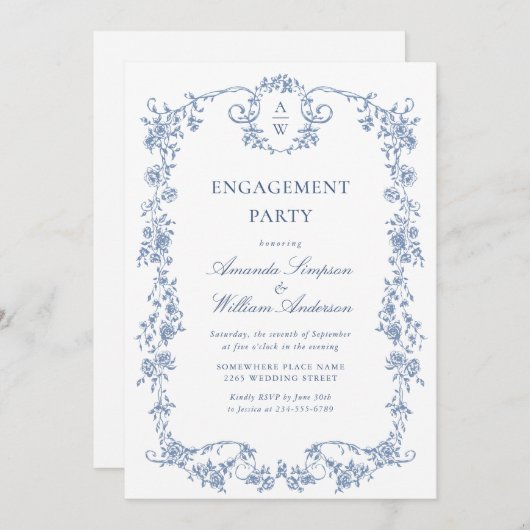 Invitation Victorian Ornate Grace Dusty Blue ENGAGEMENT PARTY (Devant / Derrière)